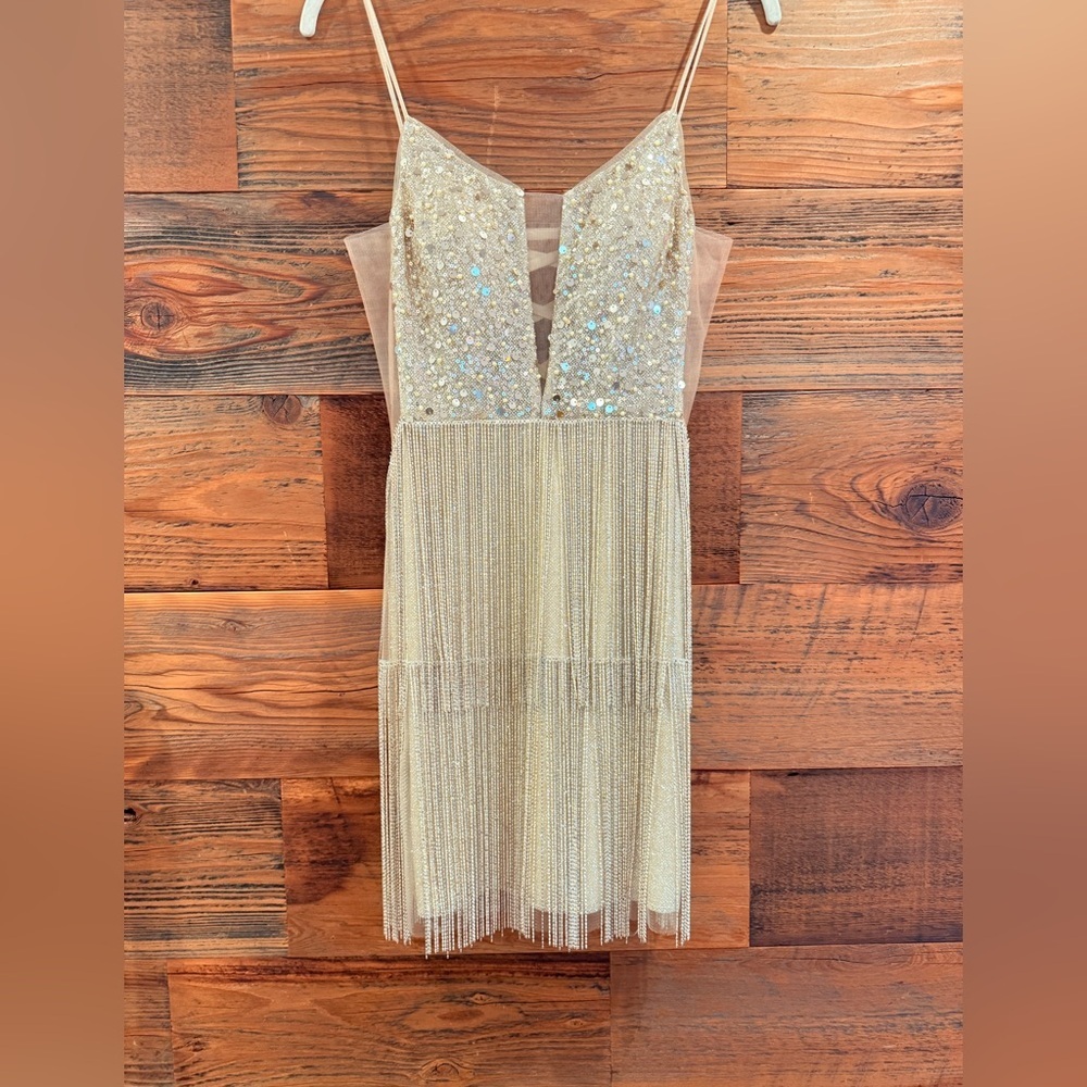 Jovani Gold Sequin Fringe Mini Tassle Dress with V-Neck *UNICORN* - Picture 15 of 17